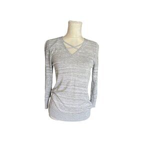 Lety & Me Light Gray Lace Knit Sweater V-Neck With Criss Cross & Crochet Accent
